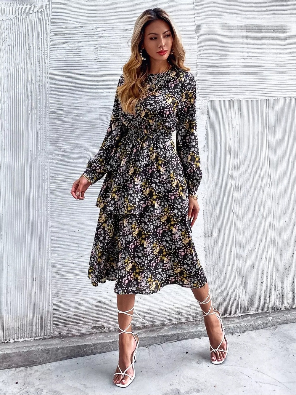 SHEIN Ditsy Floral Modest Ruched Long-Sleev Midi Teired A-Line Lightweight Dress